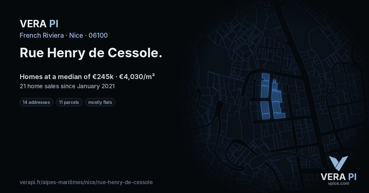 Rue Henry de Cessole, Nice at night – every parcel coloured by the prices around it, the street's own parcels lit