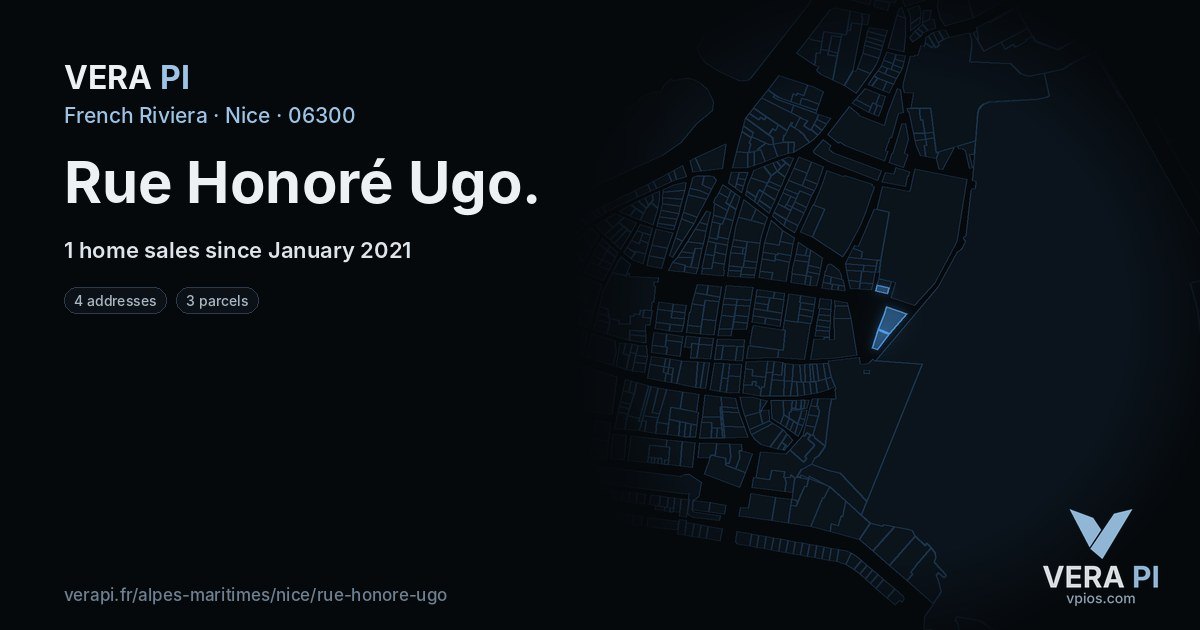 Rue Honoré Ugo, Nice at night – every parcel coloured by the prices around it, the street's own parcels lit