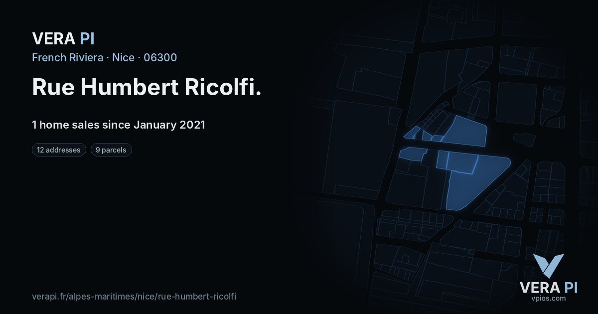 Rue Humbert Ricolfi, Nice at night – every parcel coloured by the prices around it, the street's own parcels lit