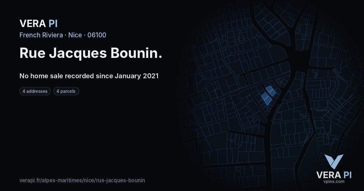 Rue Jacques Bounin, Nice at night – every parcel coloured by the prices around it, the street's own parcels lit