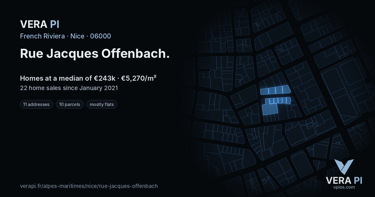 Rue Jacques Offenbach, Nice at night – every parcel coloured by the prices around it, the street's own parcels lit