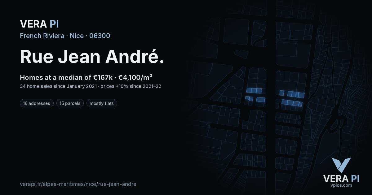 Rue Jean André, Nice at night – every parcel coloured by the prices around it, the street's own parcels lit