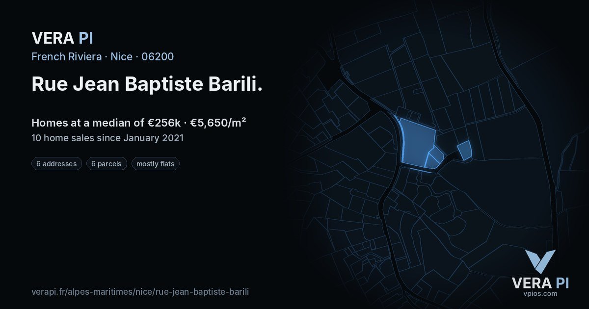 Rue Jean Baptiste Barili, Nice at night – every parcel coloured by the prices around it, the street's own parcels lit