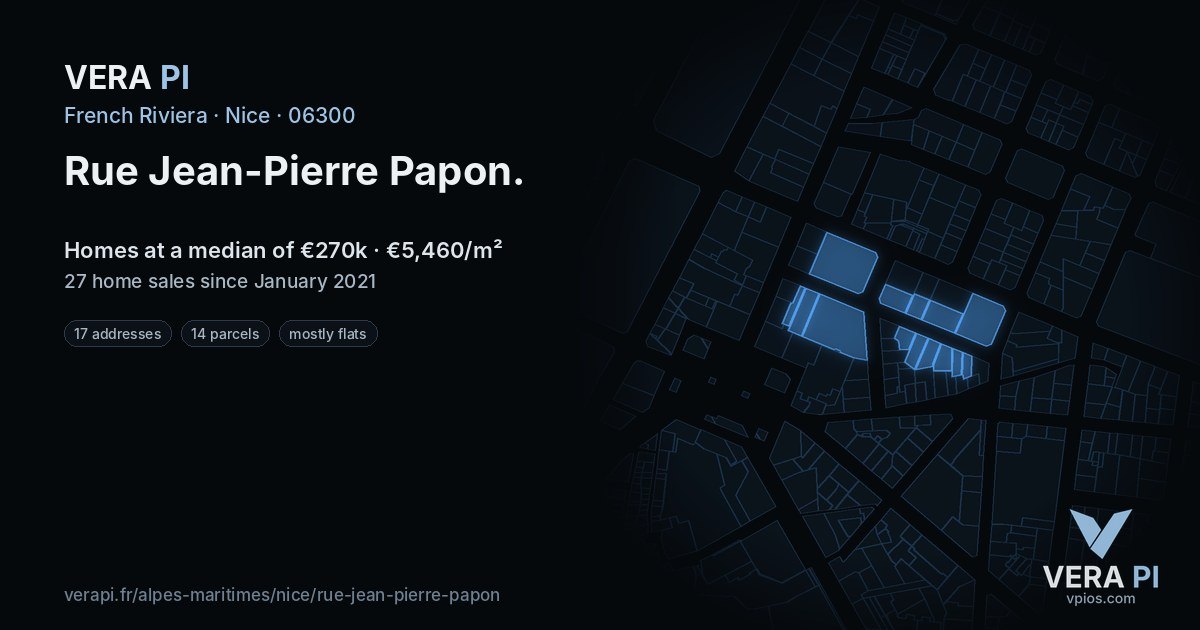 Rue Jean-Pierre Papon, Nice at night – every parcel coloured by the prices around it, the street's own parcels lit