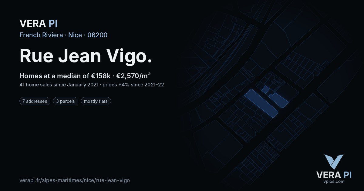 Rue Jean Vigo, Nice at night – every parcel coloured by the prices around it, the street's own parcels lit