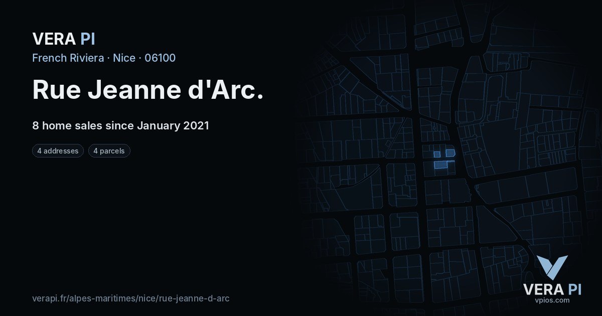Rue Jeanne d'Arc, Nice at night – every parcel coloured by the prices around it, the street's own parcels lit