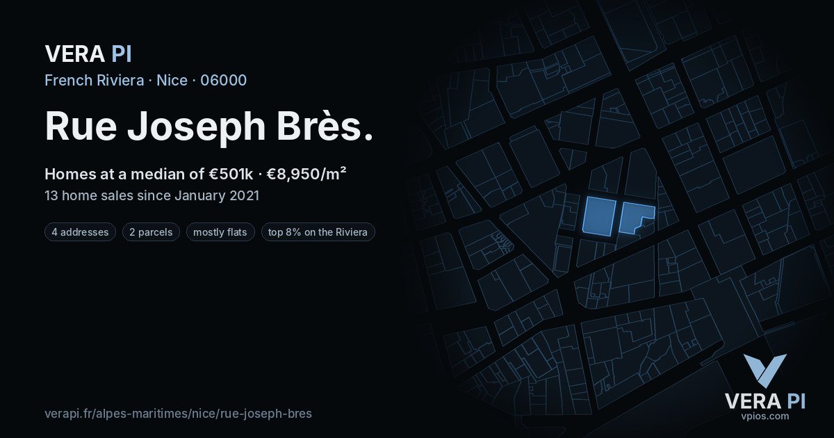 Rue Joseph Brès, Nice at night – every parcel coloured by the prices around it, the street's own parcels lit