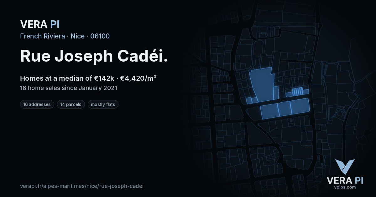 Rue Joseph Cadéi, Nice at night – every parcel coloured by the prices around it, the street's own parcels lit
