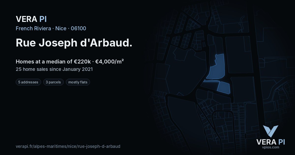 Rue Joseph d'Arbaud, Nice at night – every parcel coloured by the prices around it, the street's own parcels lit