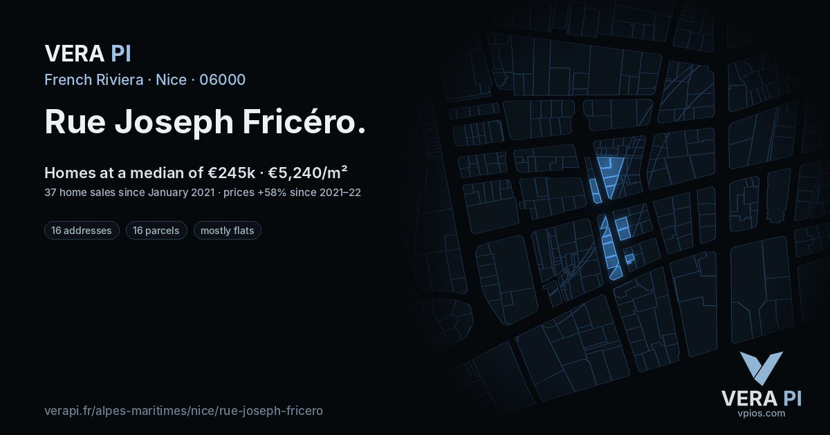 Rue Joseph Fricéro, Nice at night – every parcel coloured by the prices around it, the street's own parcels lit