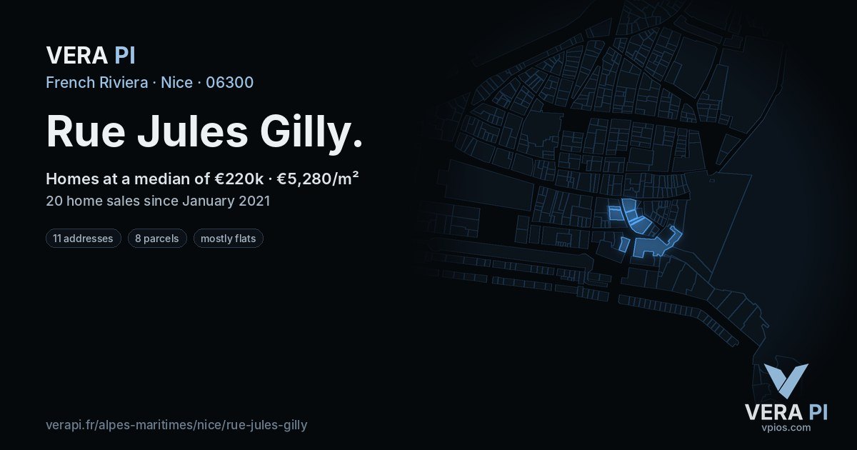 Rue Jules Gilly, Nice at night – every parcel coloured by the prices around it, the street's own parcels lit
