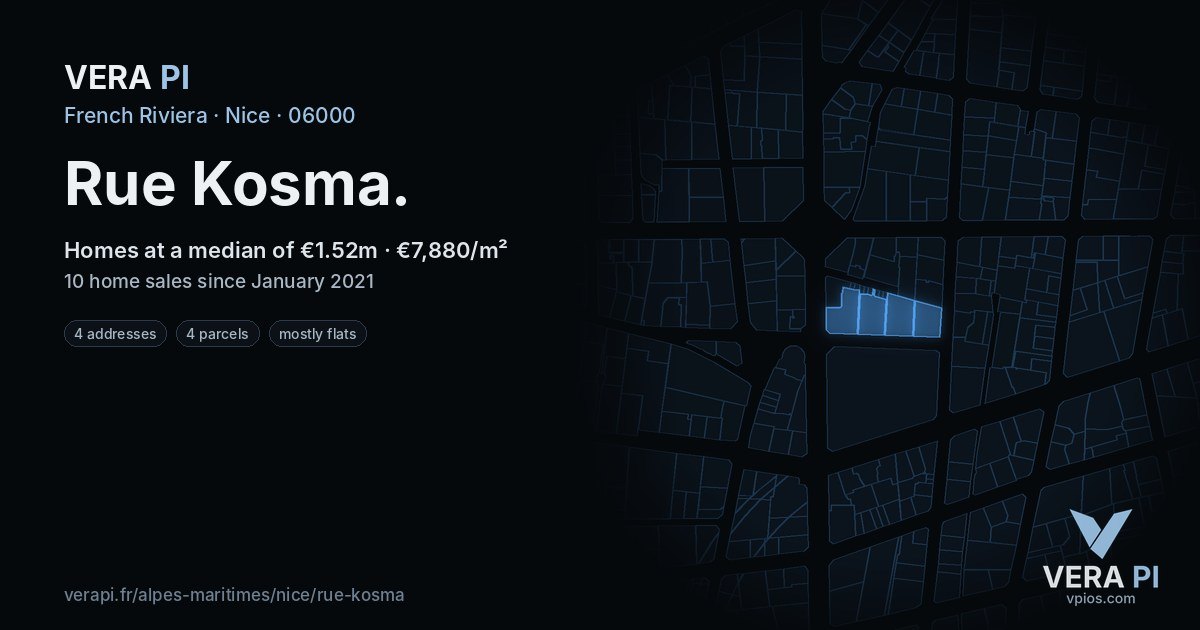 Rue Kosma, Nice at night – every parcel coloured by the prices around it, the street's own parcels lit