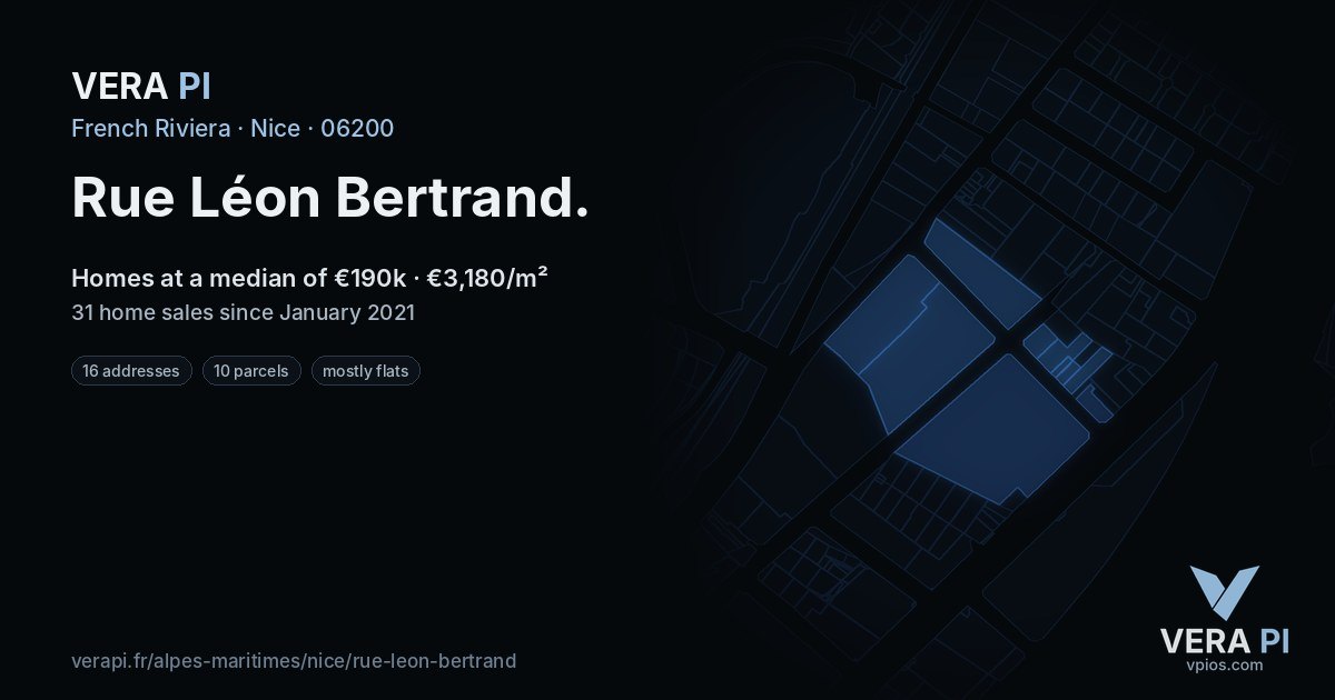 Rue Léon Bertrand, Nice at night – every parcel coloured by the prices around it, the street's own parcels lit