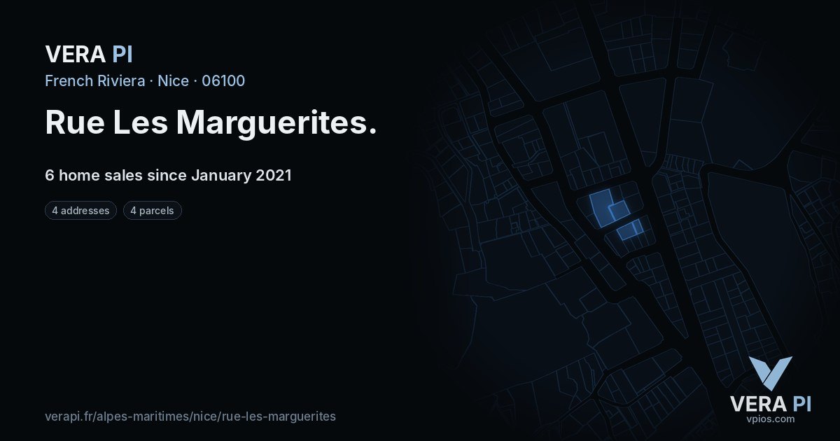 Rue Les Marguerites, Nice at night – every parcel coloured by the prices around it, the street's own parcels lit