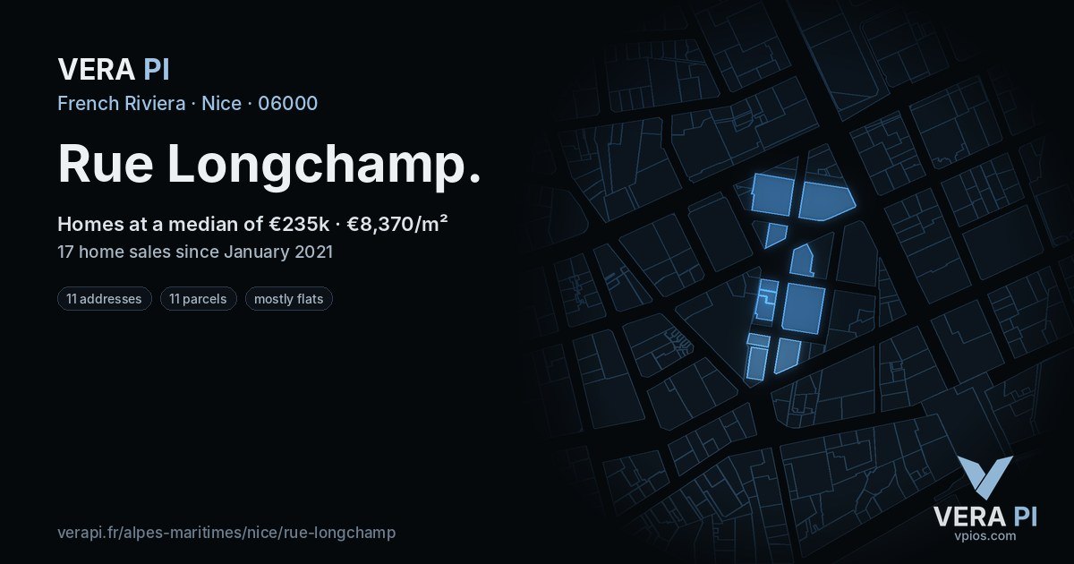 Rue Longchamp, Nice at night – every parcel coloured by the prices around it, the street's own parcels lit