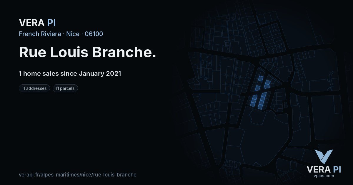 Rue Louis Branche, Nice at night – every parcel coloured by the prices around it, the street's own parcels lit