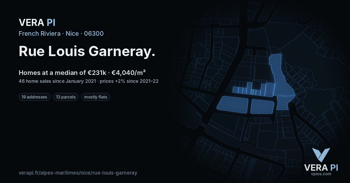Rue Louis Garneray, Nice at night – every parcel coloured by the prices around it, the street's own parcels lit