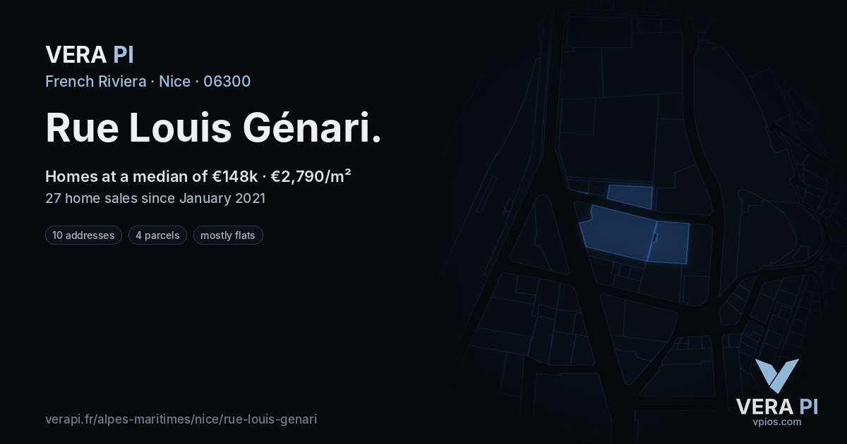 Rue Louis Génari, Nice at night – every parcel coloured by the prices around it, the street's own parcels lit