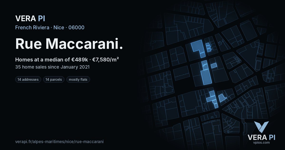 Rue Maccarani, Nice at night – every parcel coloured by the prices around it, the street's own parcels lit