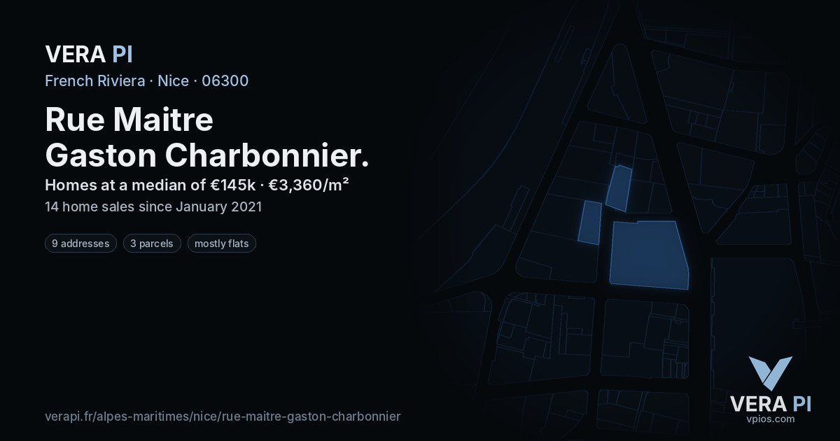 Rue Maitre Gaston Charbonnier, Nice at night – every parcel coloured by the prices around it, the street's own parcels lit