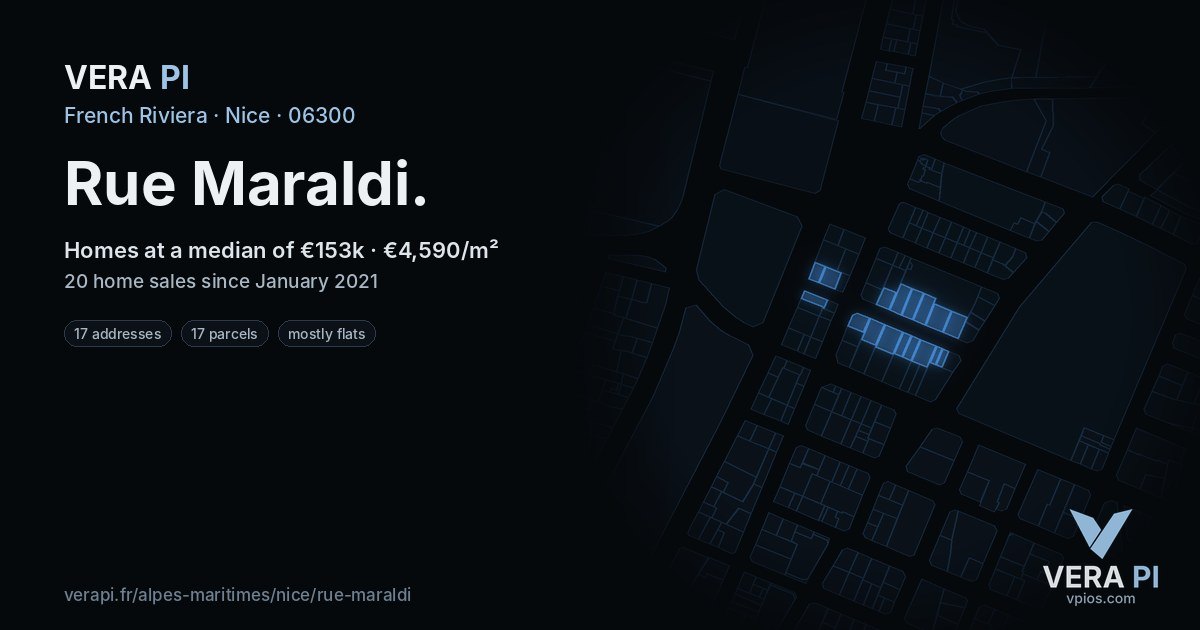 Rue Maraldi, Nice at night – every parcel coloured by the prices around it, the street's own parcels lit