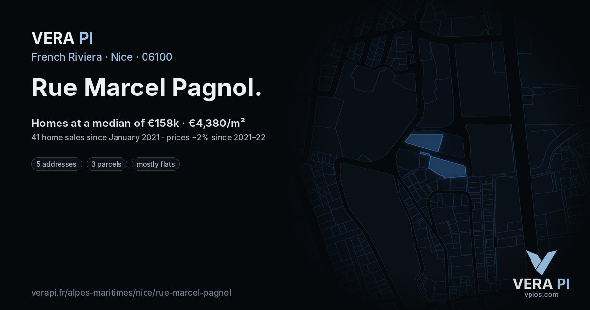 Rue Marcel Pagnol, Nice at night – every parcel coloured by the prices around it, the street's own parcels lit