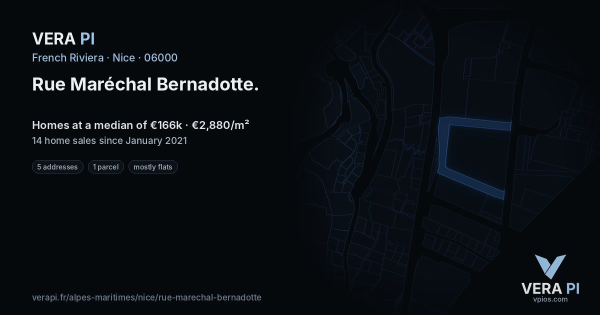 Rue Maréchal Bernadotte, Nice at night – every parcel coloured by the prices around it, the street's own parcels lit