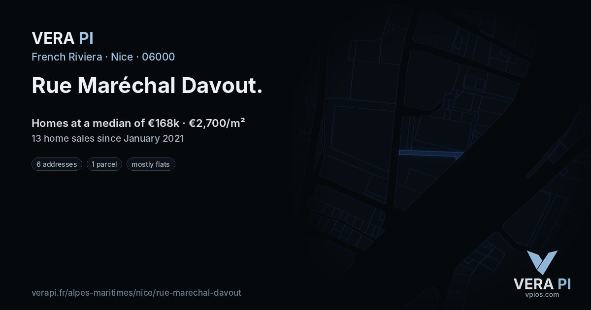 Rue Maréchal Davout, Nice at night – every parcel coloured by the prices around it, the street's own parcels lit