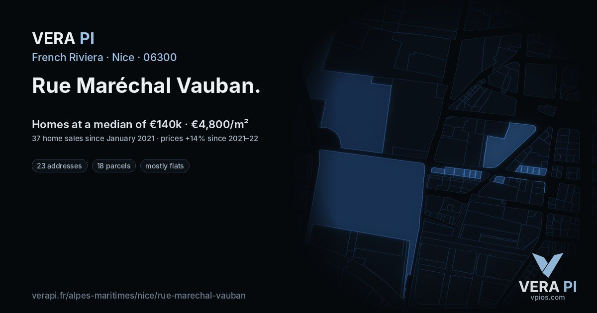 Rue Maréchal Vauban, Nice at night – every parcel coloured by the prices around it, the street's own parcels lit