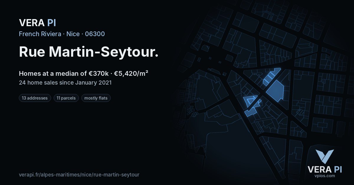 Rue Martin-Seytour, Nice at night – every parcel coloured by the prices around it, the street's own parcels lit
