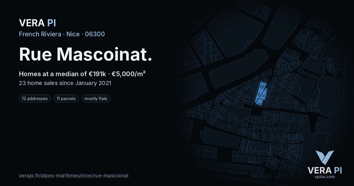 Rue Mascoinat, Nice at night – every parcel coloured by the prices around it, the street's own parcels lit