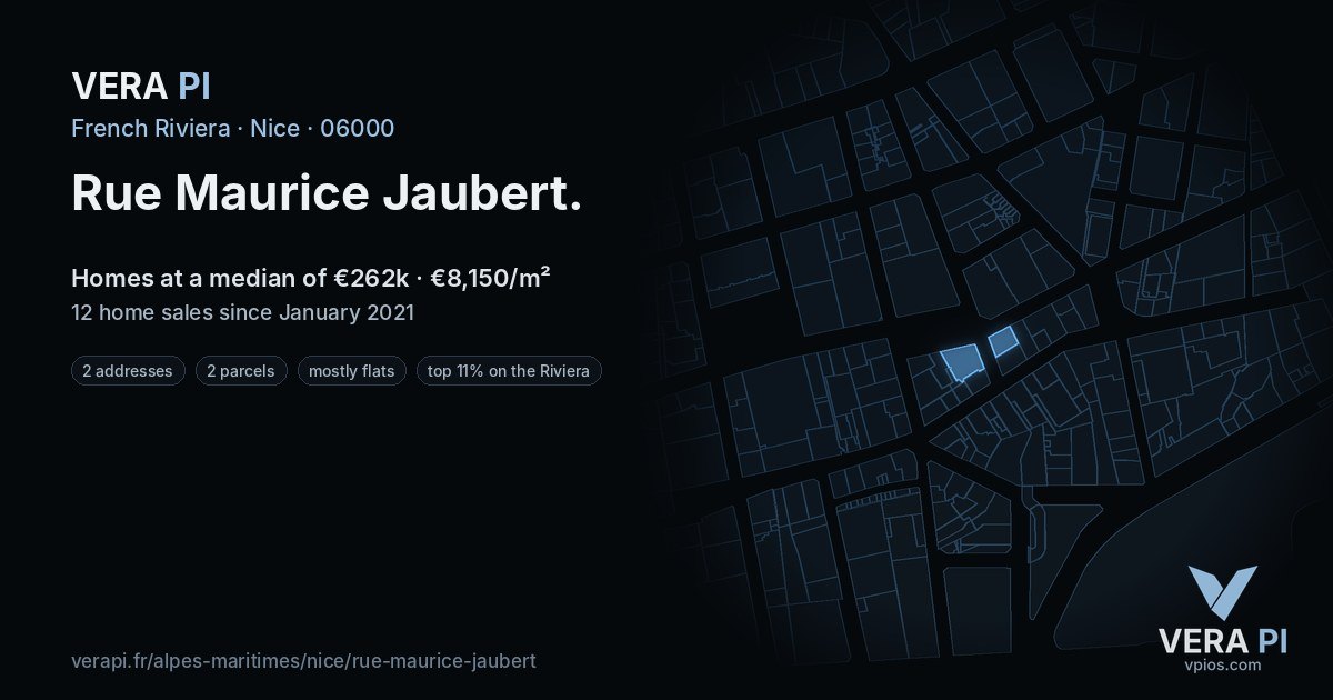 Rue Maurice Jaubert, Nice at night – every parcel coloured by the prices around it, the street's own parcels lit