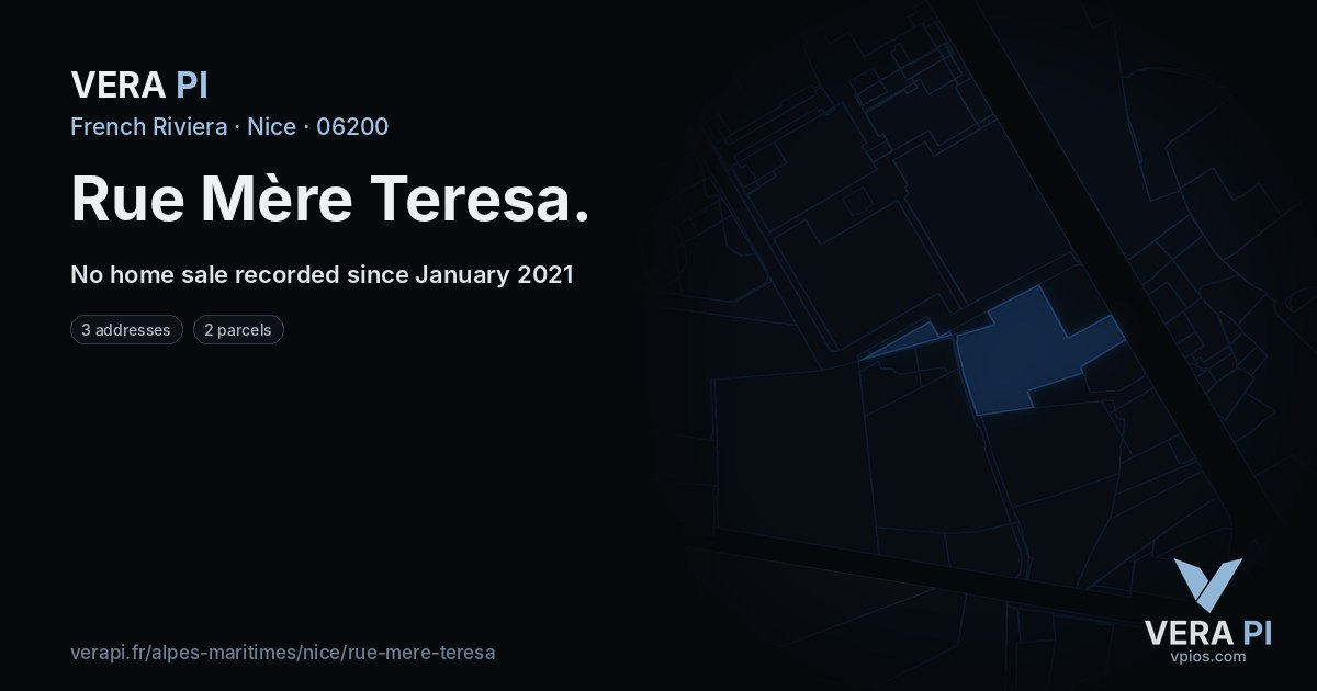 Rue Mère Teresa, Nice at night – every parcel coloured by the prices around it, the street's own parcels lit