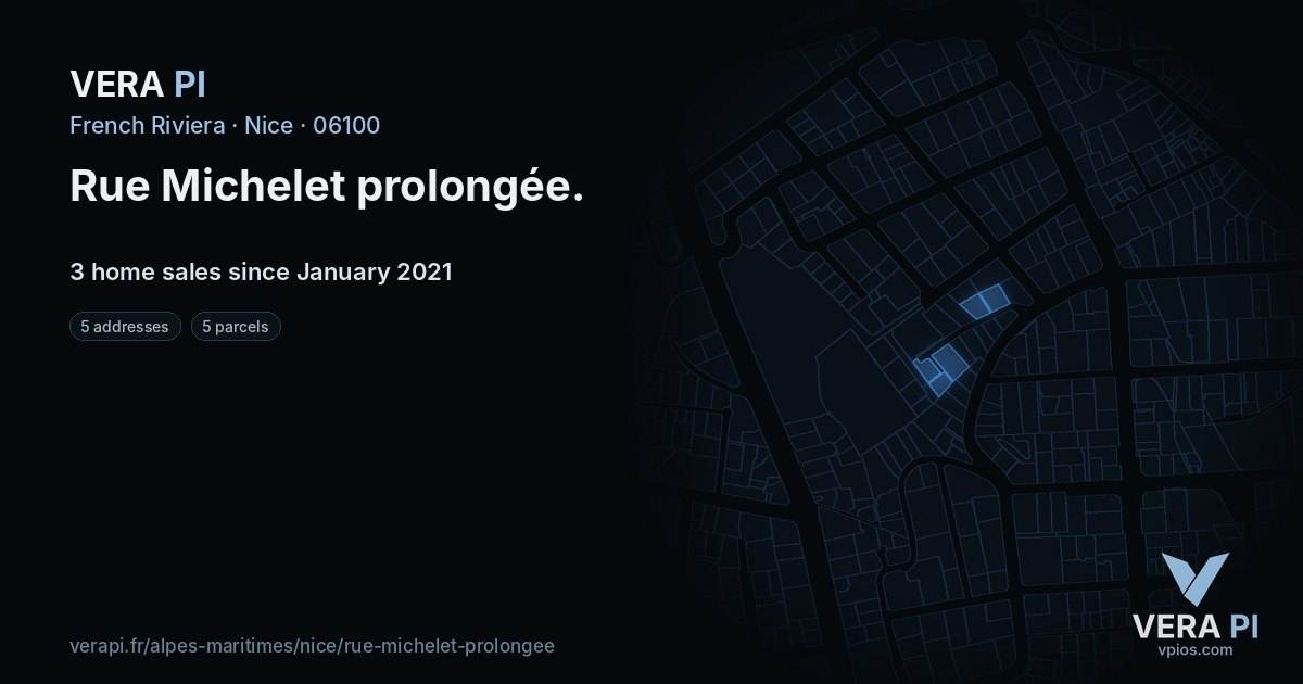 Rue Michelet prolongée, Nice at night – every parcel coloured by the prices around it, the street's own parcels lit