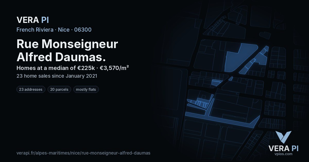 Rue Monseigneur Alfred Daumas, Nice at night – every parcel coloured by the prices around it, the street's own parcels lit