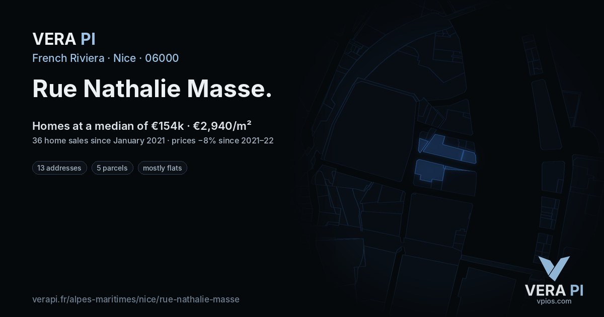 Rue Nathalie Masse, Nice at night – every parcel coloured by the prices around it, the street's own parcels lit