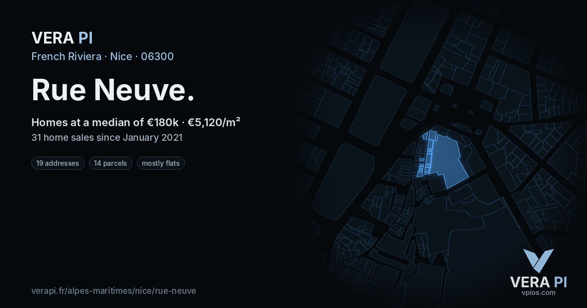 Rue Neuve, Nice at night – every parcel coloured by the prices around it, the street's own parcels lit