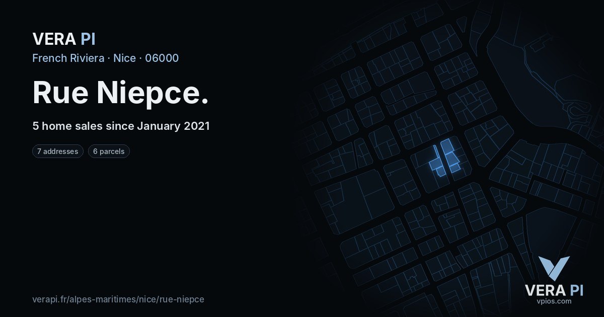 Rue Niepce, Nice at night – every parcel coloured by the prices around it, the street's own parcels lit