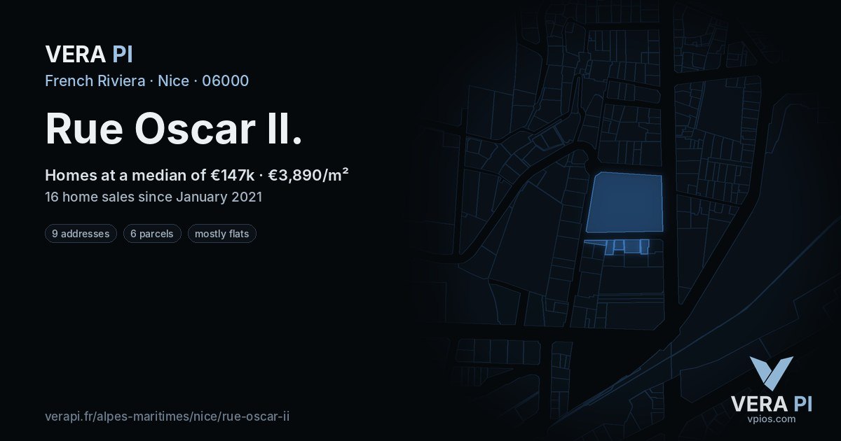 Rue Oscar II, Nice at night – every parcel coloured by the prices around it, the street's own parcels lit