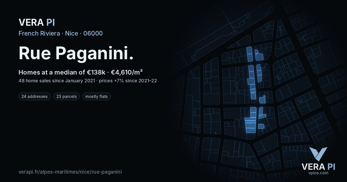 Rue Paganini, Nice at night – every parcel coloured by the prices around it, the street's own parcels lit