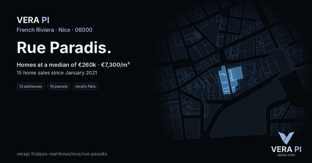 Rue Paradis, Nice at night – every parcel coloured by the prices around it, the street's own parcels lit