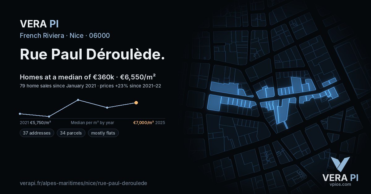 Rue Paul Déroulède, Nice at night – every parcel coloured by the prices around it, the street's own parcels lit