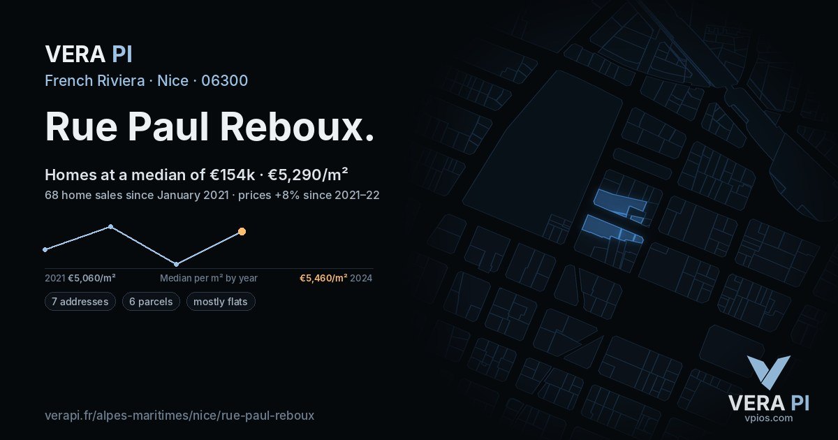 Rue Paul Reboux, Nice at night – every parcel coloured by the prices around it, the street's own parcels lit