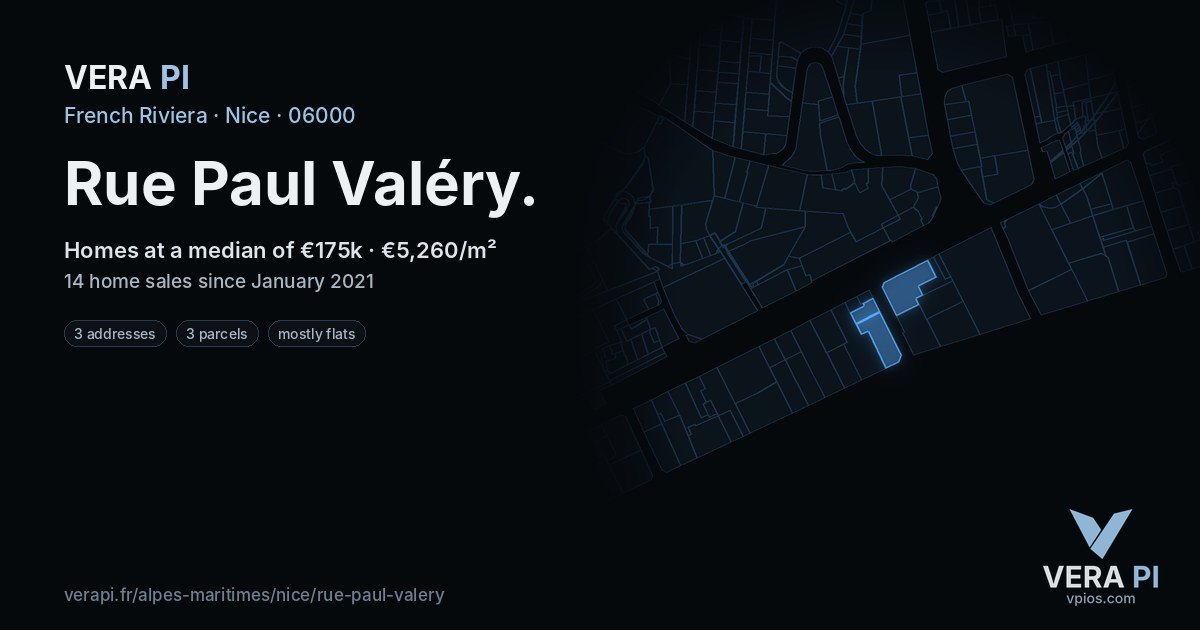 Rue Paul Valéry, Nice at night – every parcel coloured by the prices around it, the street's own parcels lit