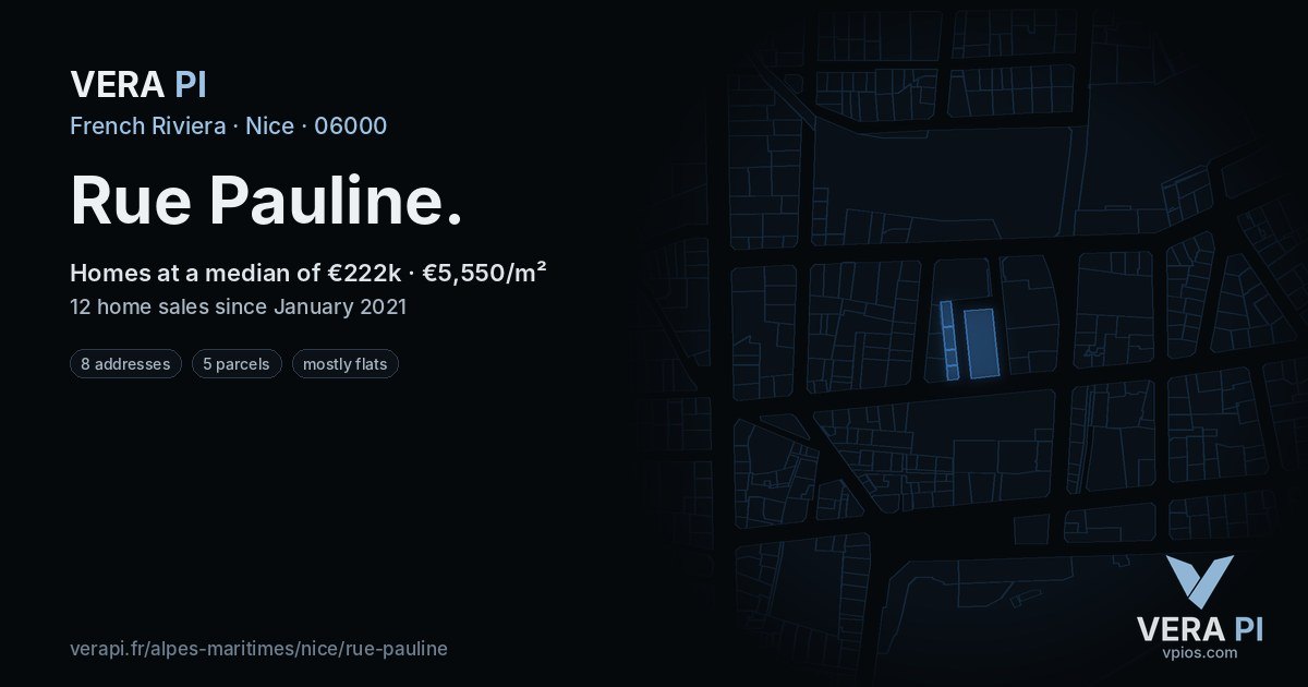 Rue Pauline, Nice at night – every parcel coloured by the prices around it, the street's own parcels lit