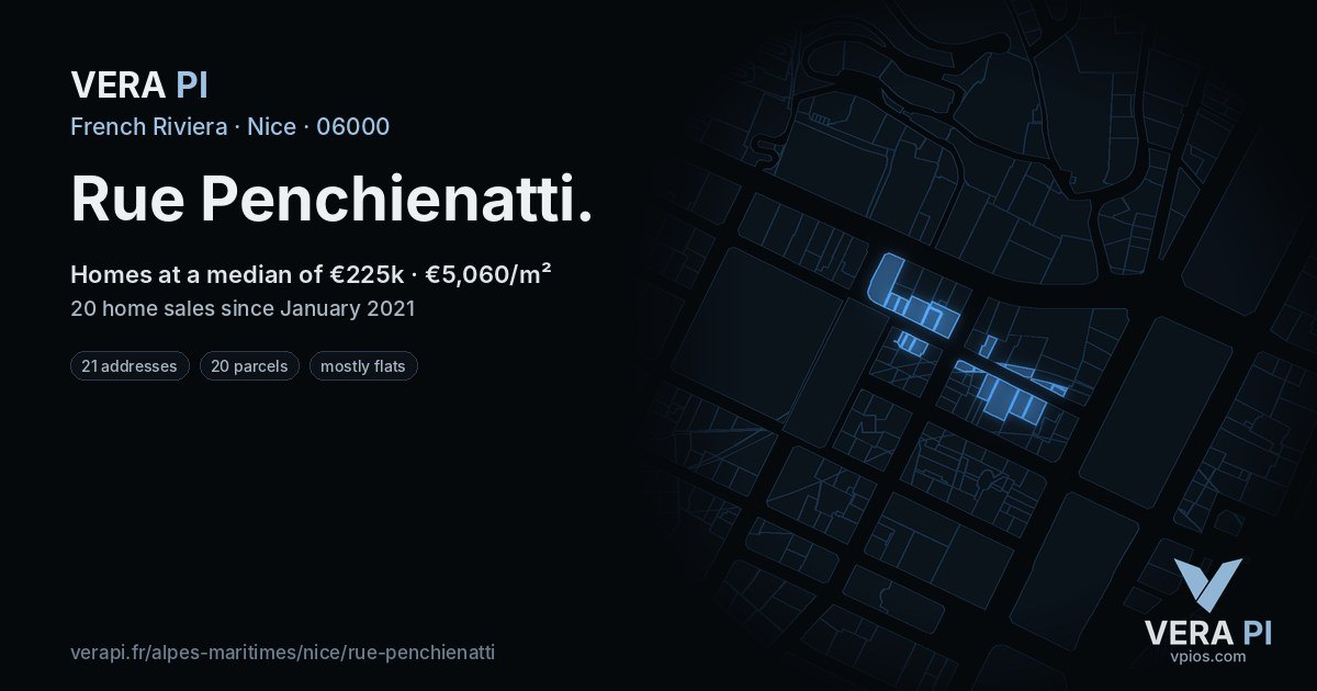 Rue Penchienatti, Nice at night – every parcel coloured by the prices around it, the street's own parcels lit