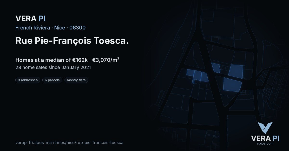 Rue Pie-François Toesca, Nice at night – every parcel coloured by the prices around it, the street's own parcels lit