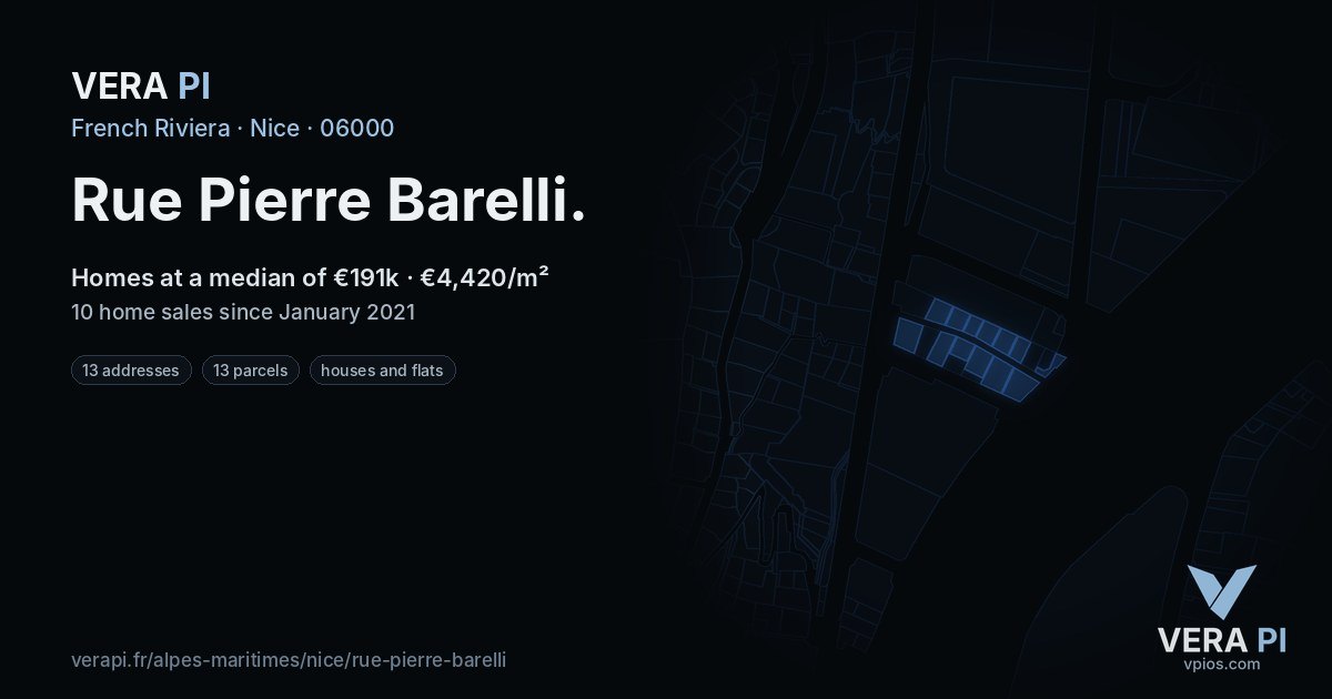 Rue Pierre Barelli, Nice at night – every parcel coloured by the prices around it, the street's own parcels lit