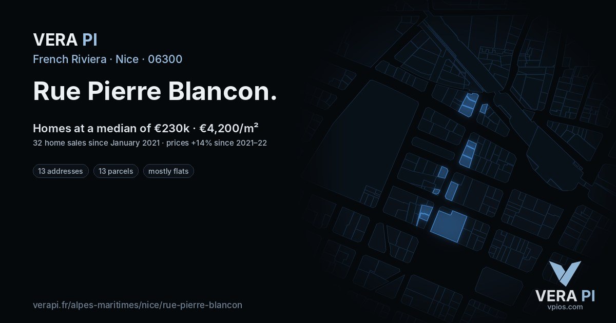 Rue Pierre Blancon, Nice at night – every parcel coloured by the prices around it, the street's own parcels lit