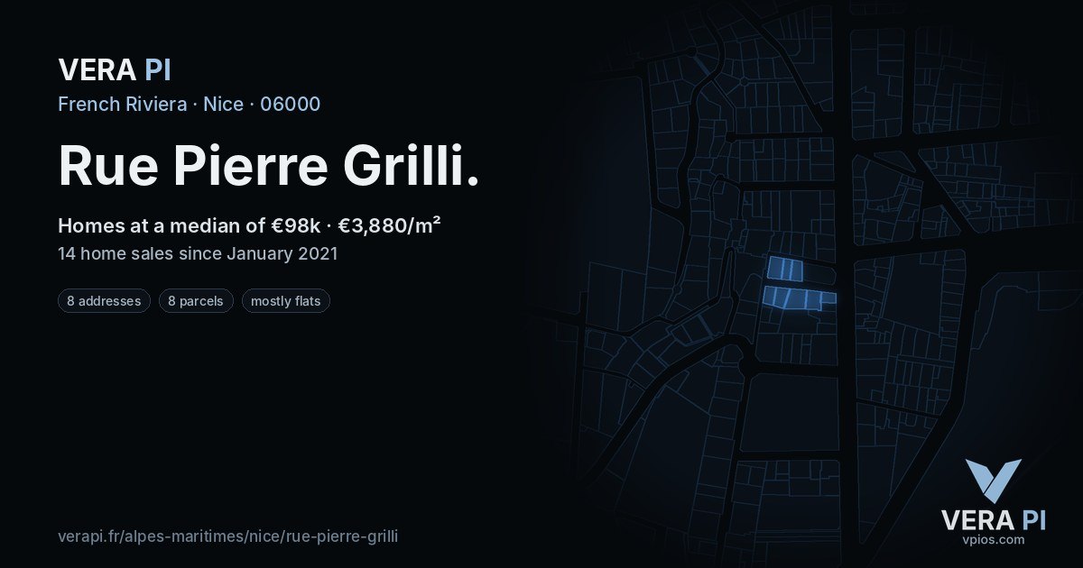 Rue Pierre Grilli, Nice at night – every parcel coloured by the prices around it, the street's own parcels lit